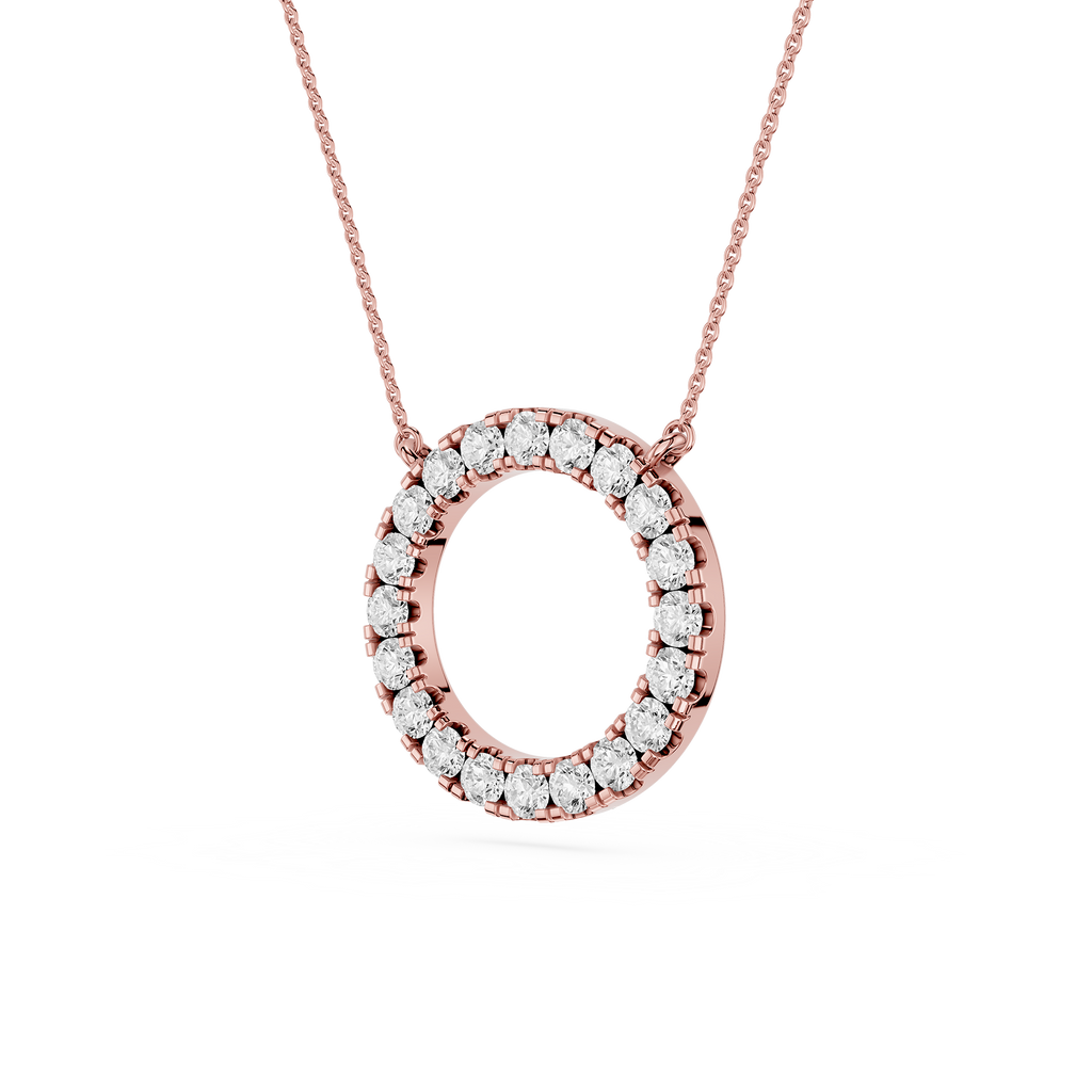 Rose gold necklace with a diamond-encrusted pendant on a white background