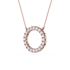 Rose gold necklace with a diamond-encrusted pendant on a white background