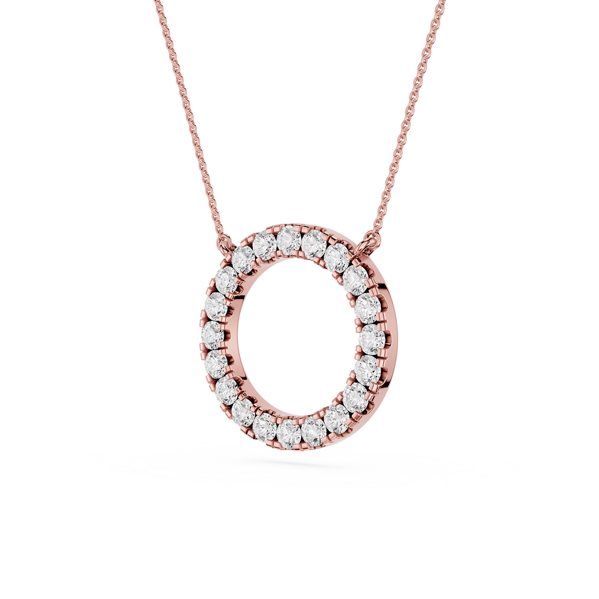 Rose gold necklace with a diamond-encrusted pendant on a white background