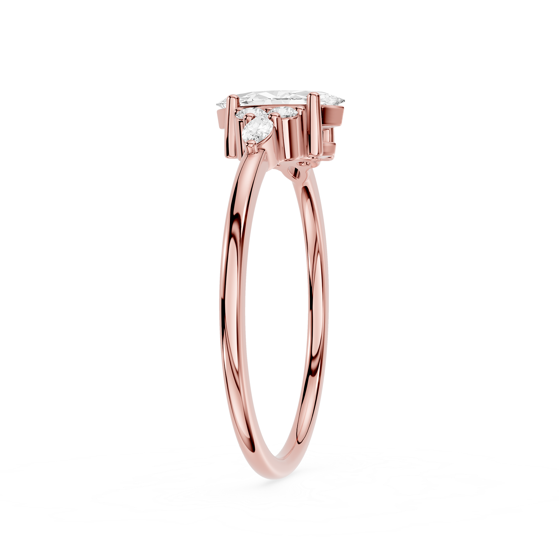 Rose gold ring with a diamond on a white background