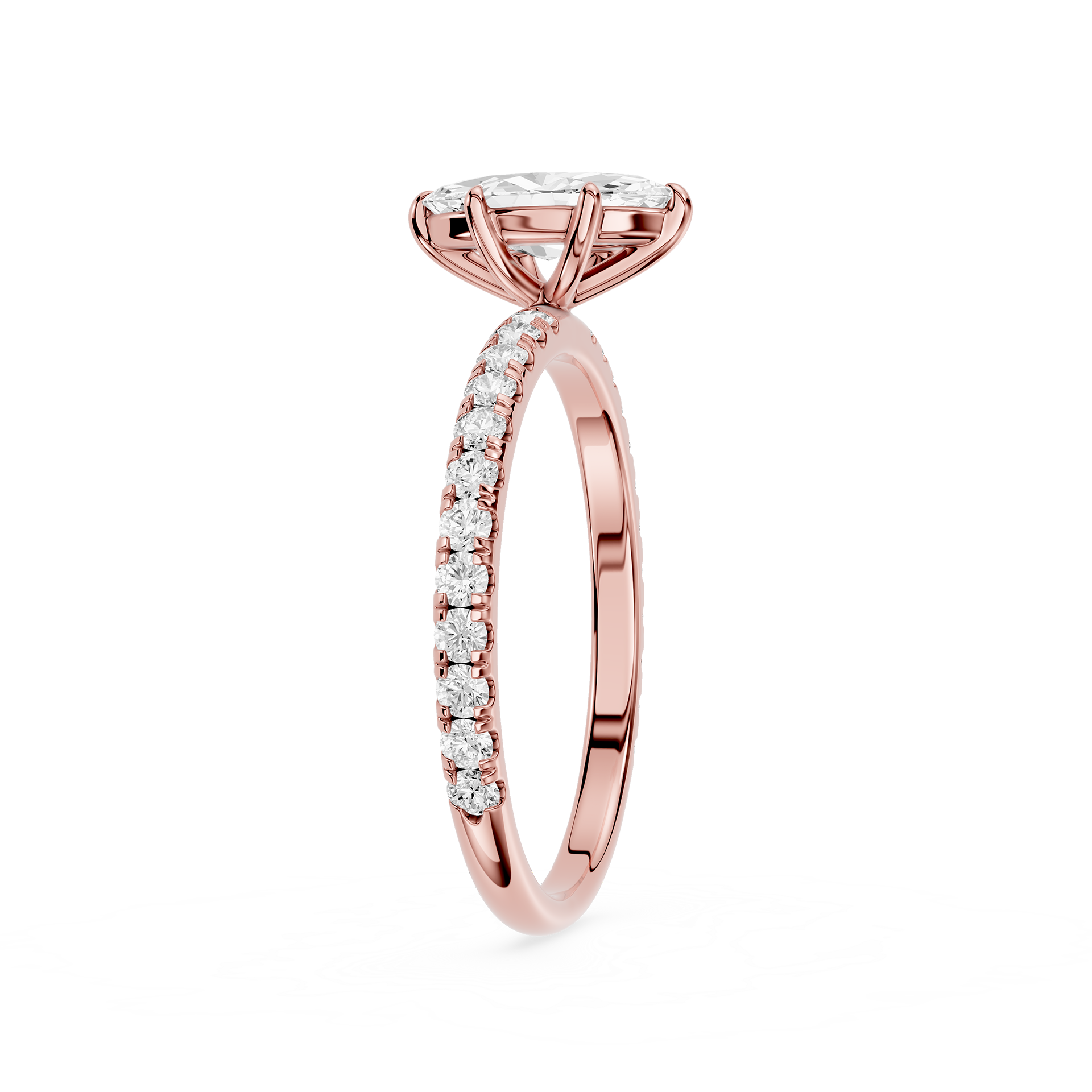 Rose gold diamond ring on a white background
