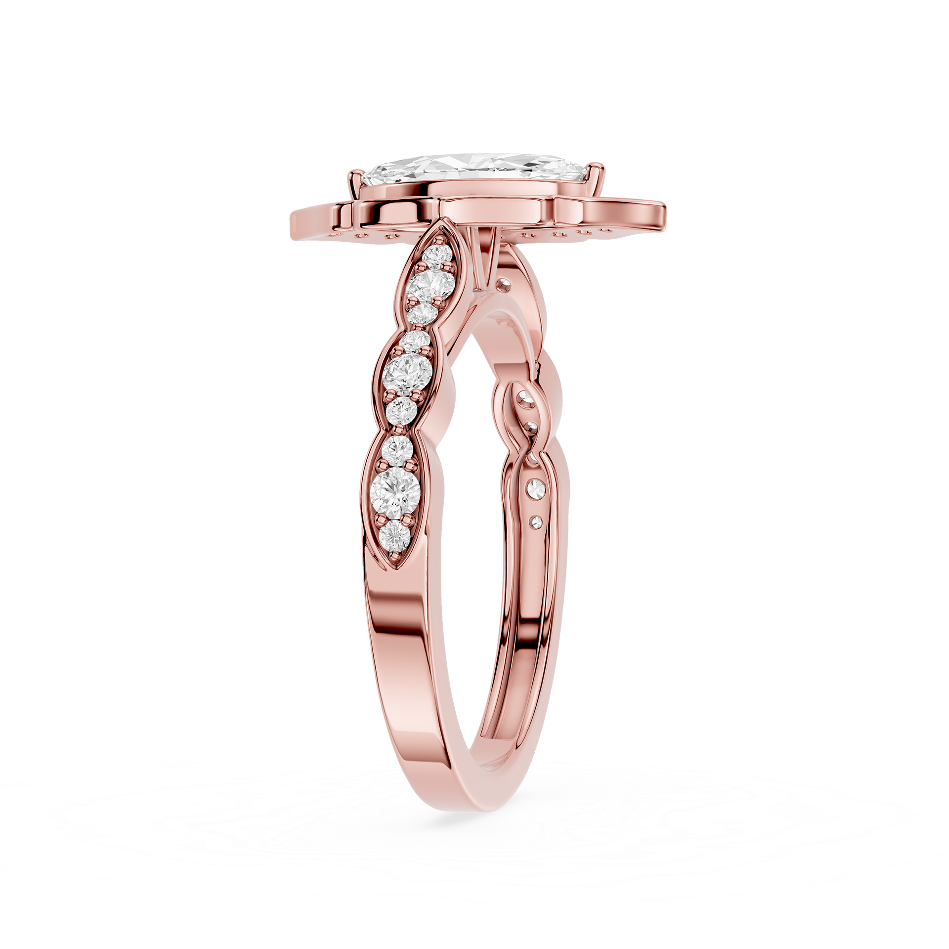 Rose gold ring with diamonds on a white background