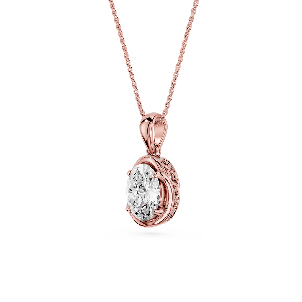 Rose gold necklace with a diamond pendant on a white background