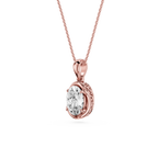 Rose gold necklace with a diamond pendant on a white background