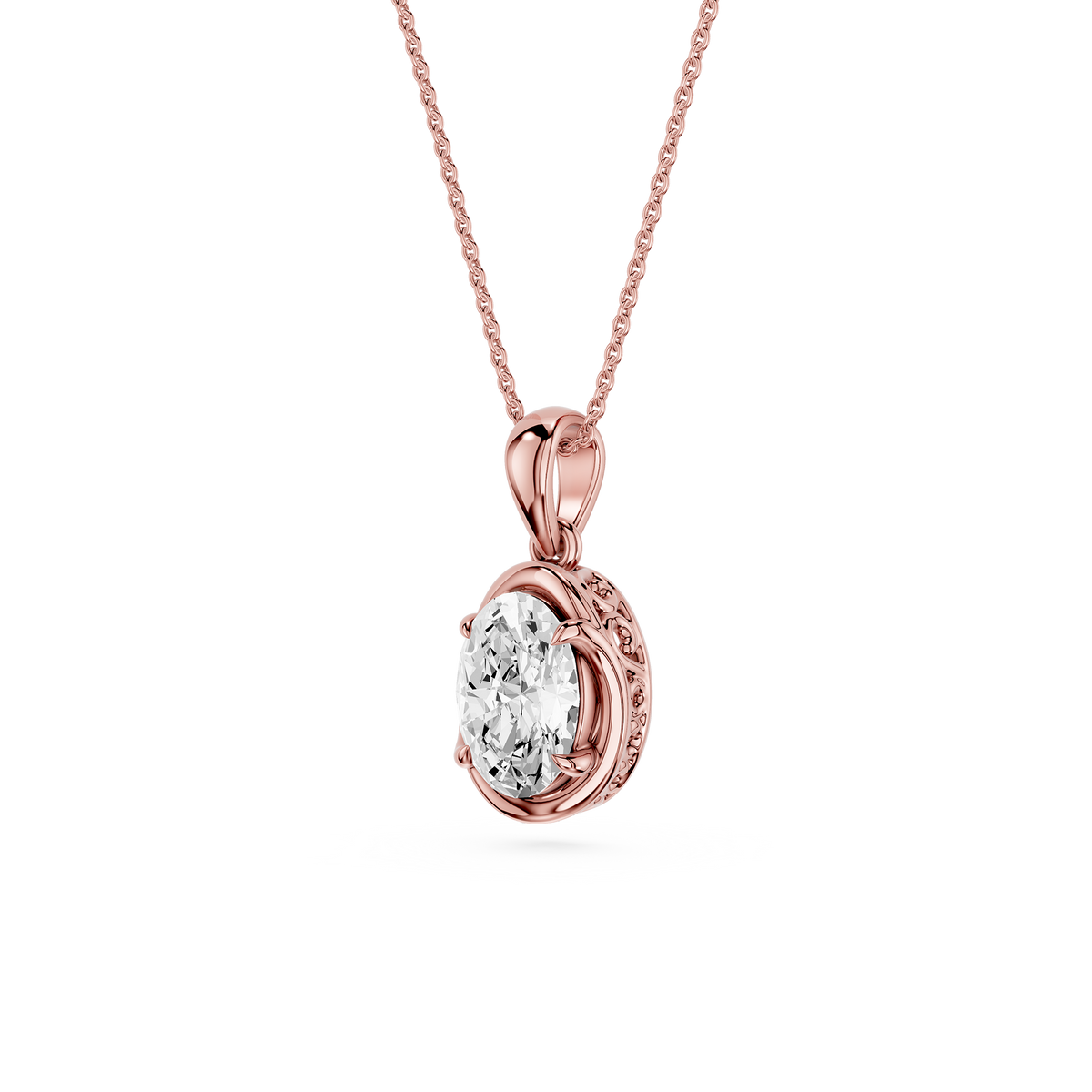 Rose gold necklace with a diamond pendant on a white background