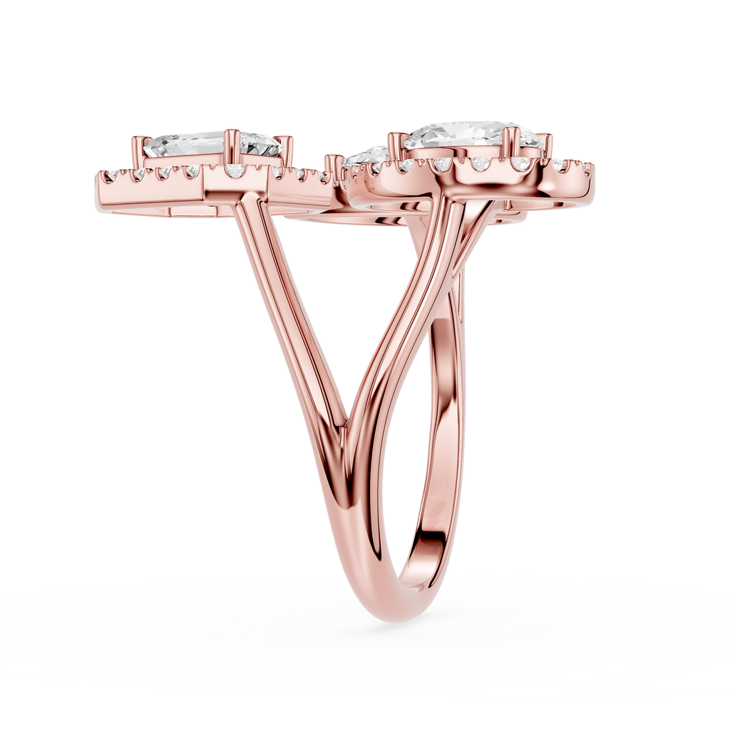 Rose gold ring with diamonds on a white background