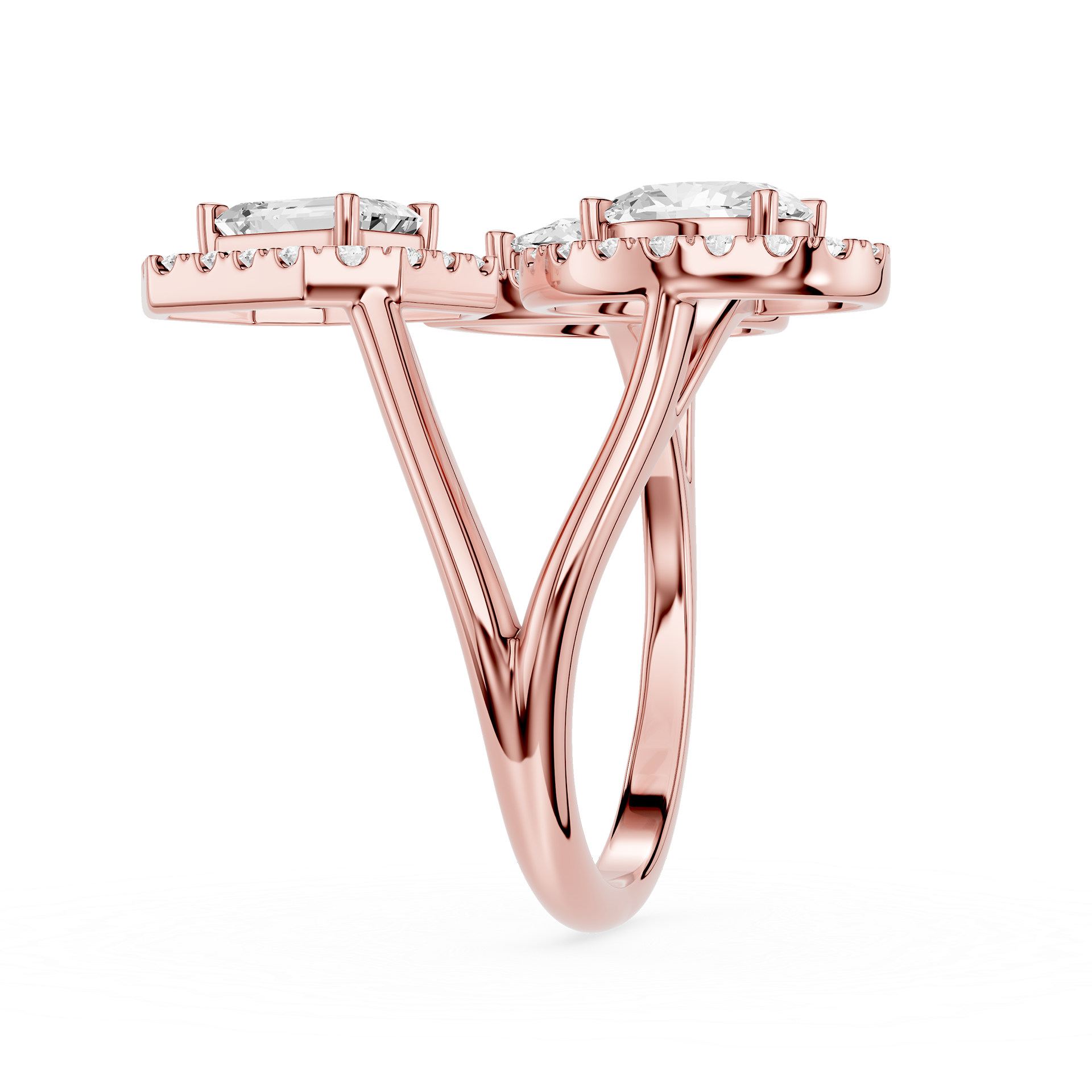 Rose gold ring with diamonds on a white background