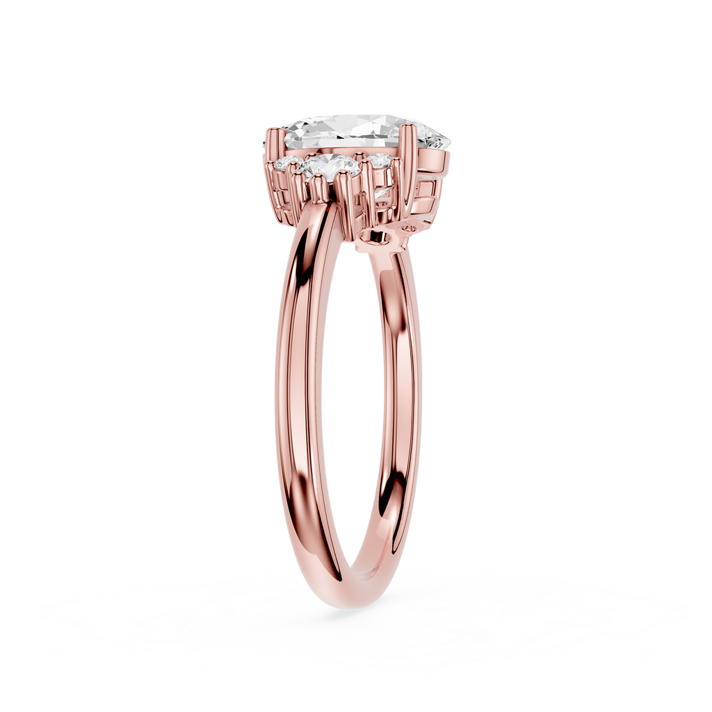 Rose gold ring with a diamond on a white background