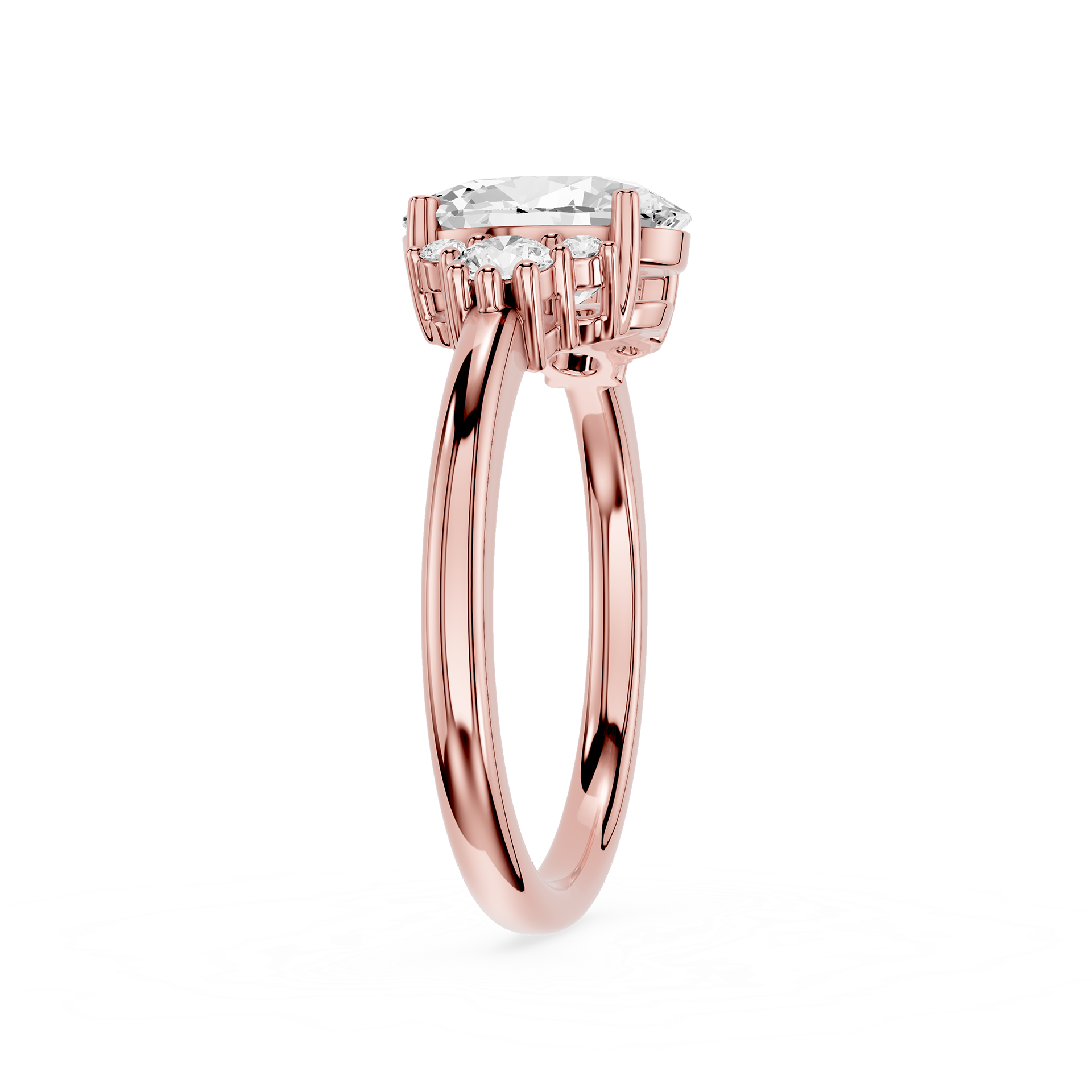 Rose gold ring with a diamond on a white background