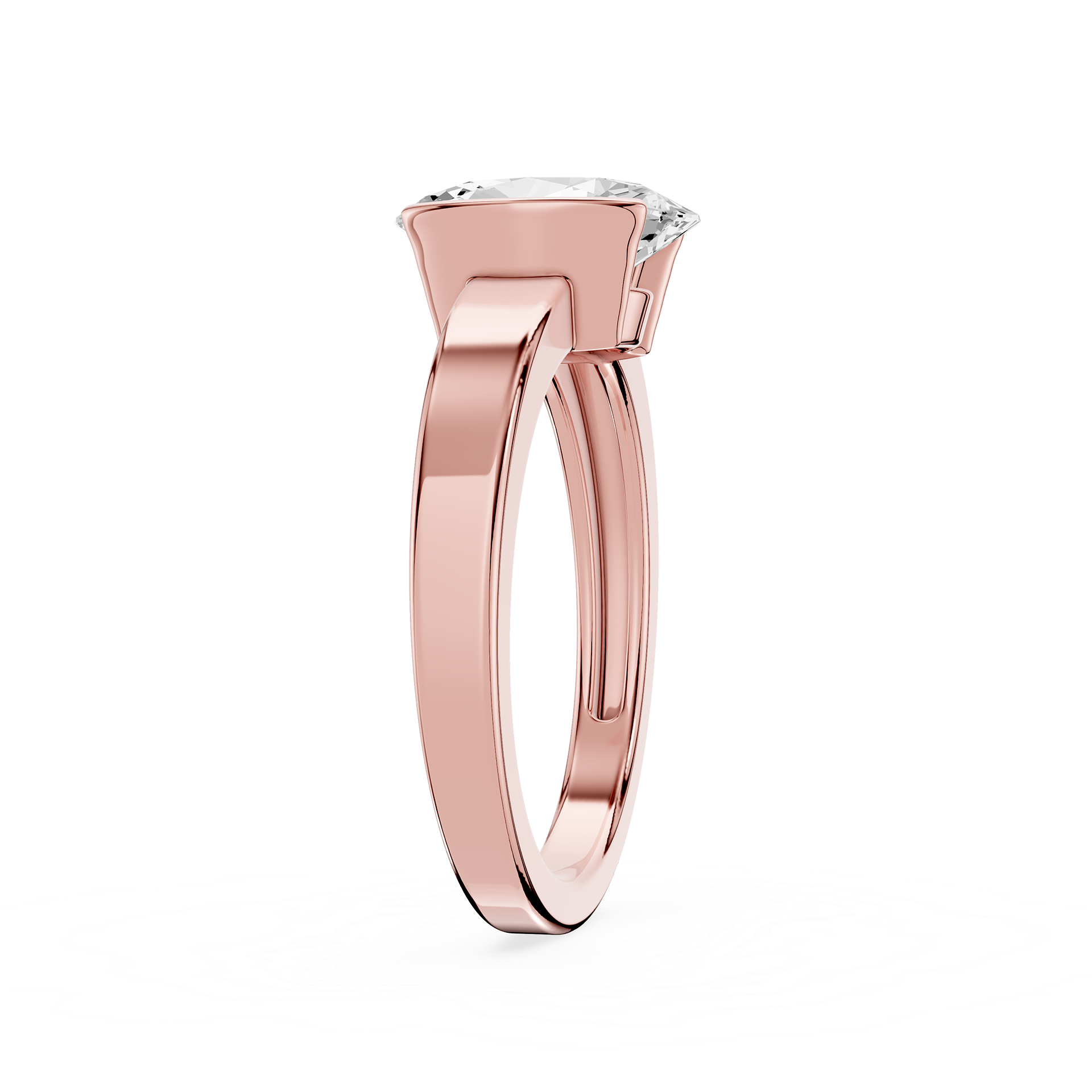 Rose gold ring with a diamond on a white background