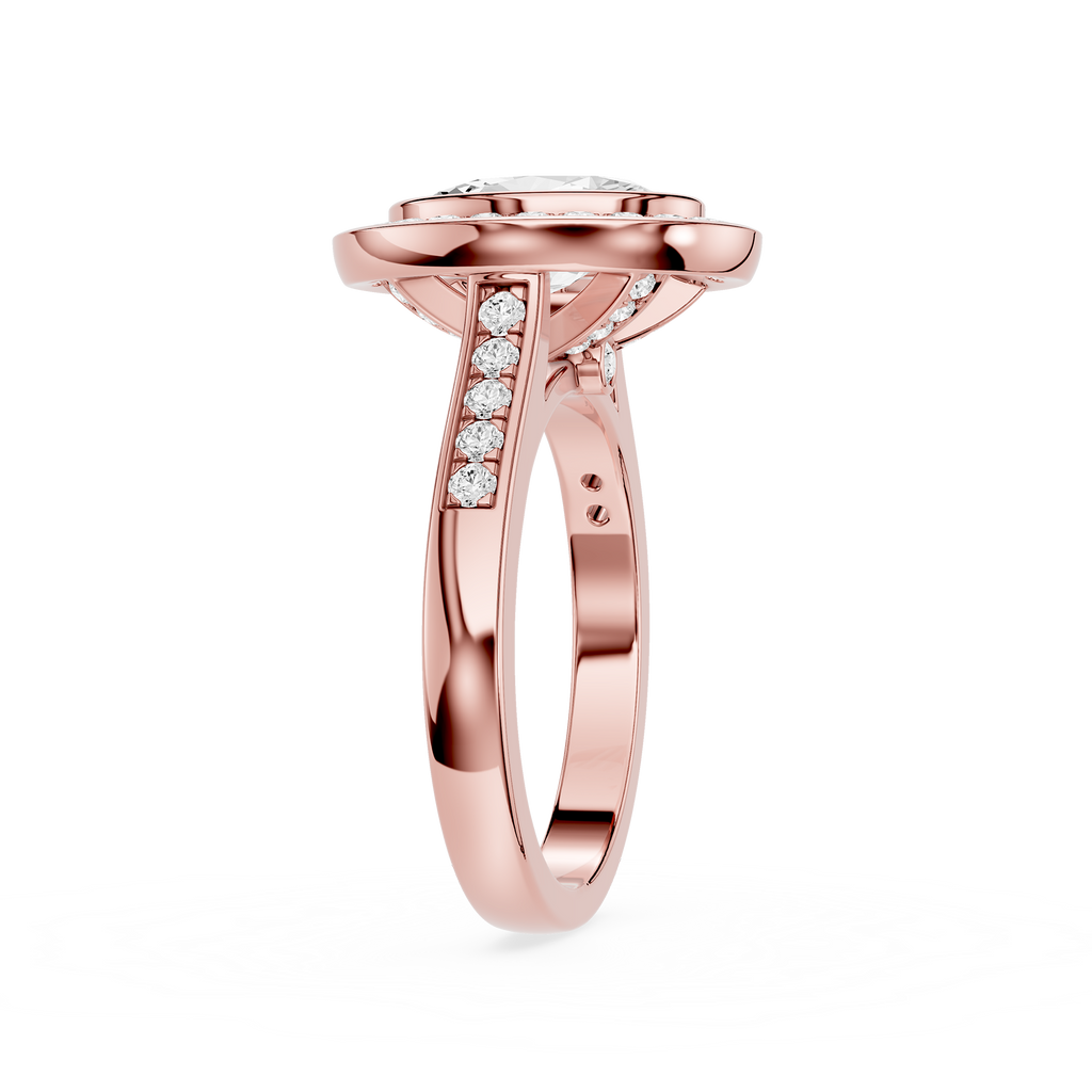 Rose gold ring with diamonds on a white background