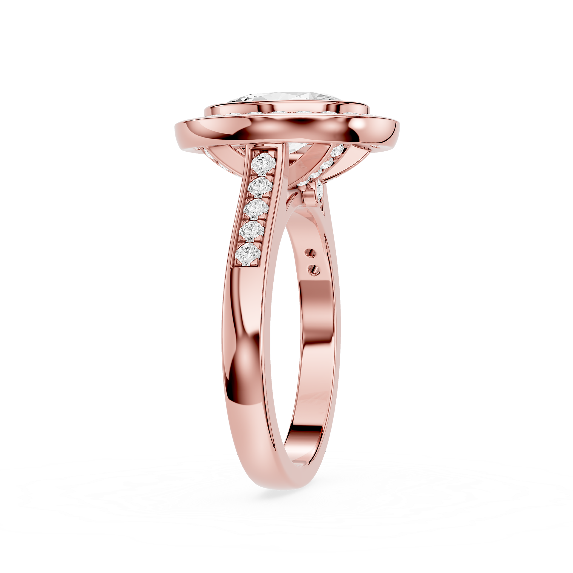 Rose gold ring with diamonds on a white background