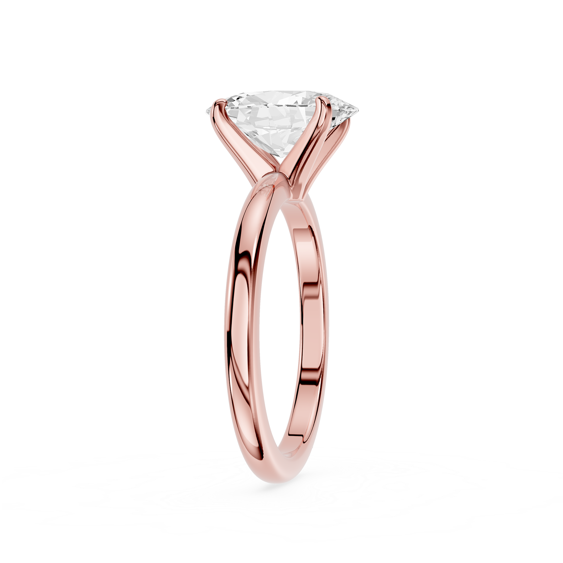 Rose gold ring with a diamond on a white background