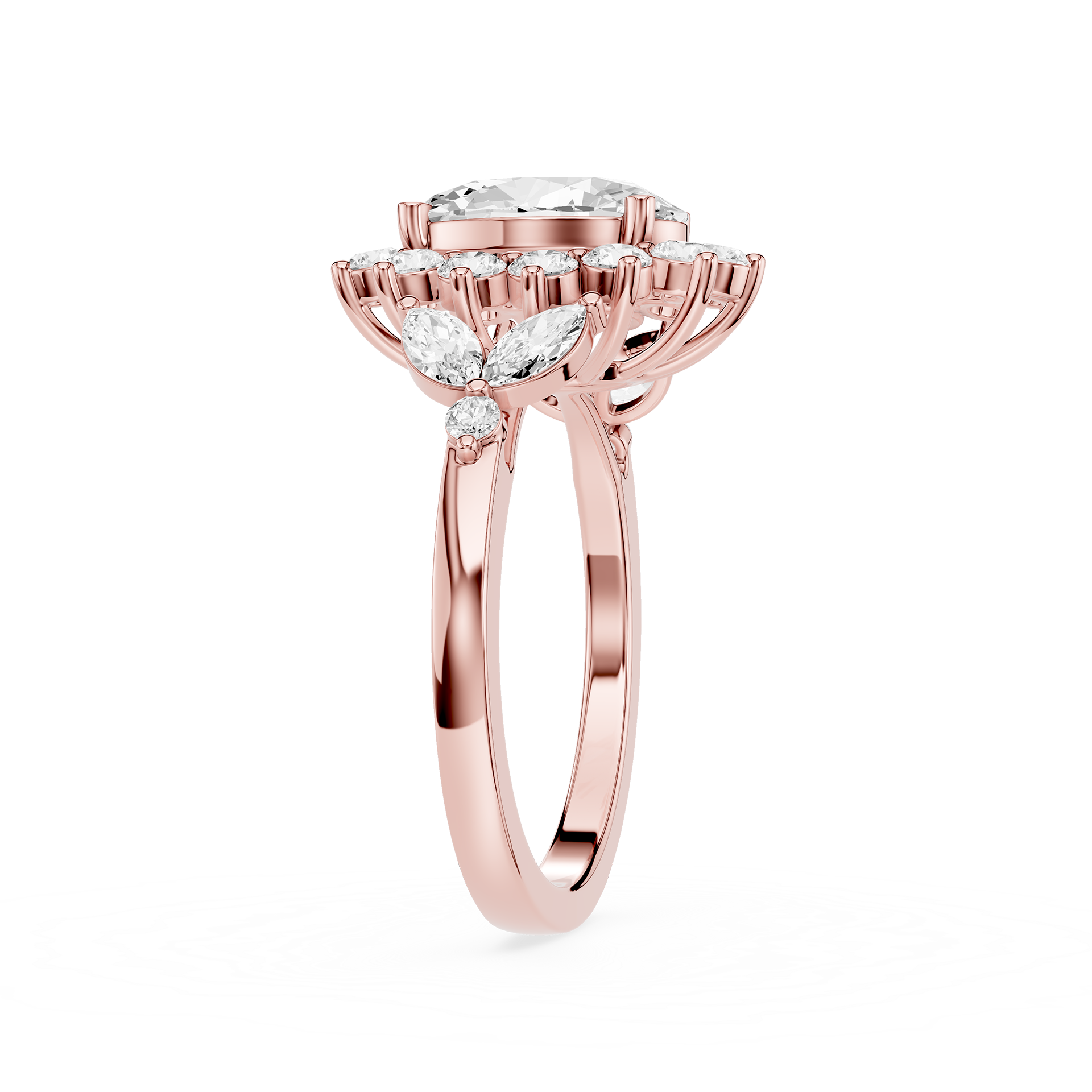 A rose gold halo ring featuring a round-cut center stone and marquise-cut side stones, shown on a clean white background.