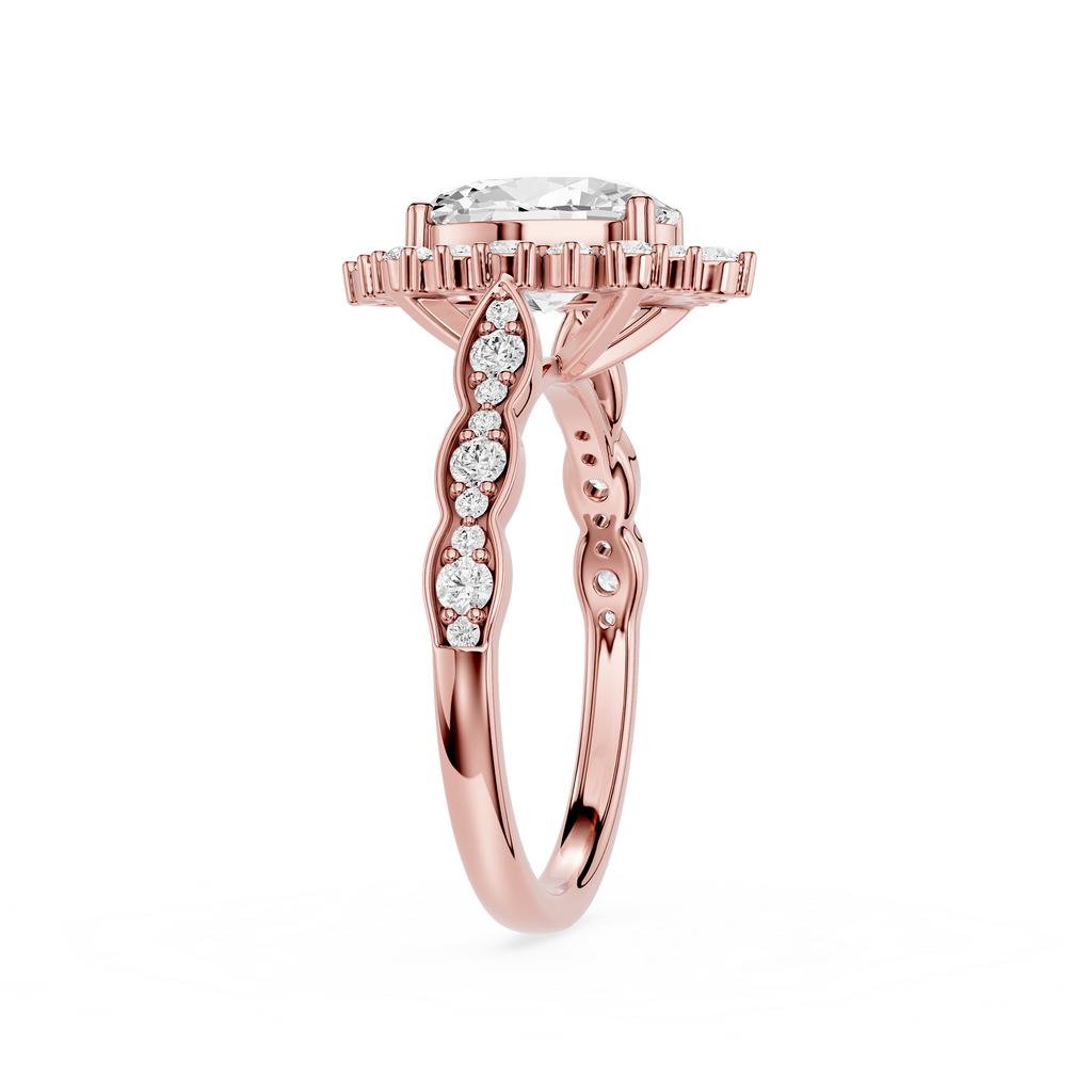Rose gold ring with diamond accents on a white background