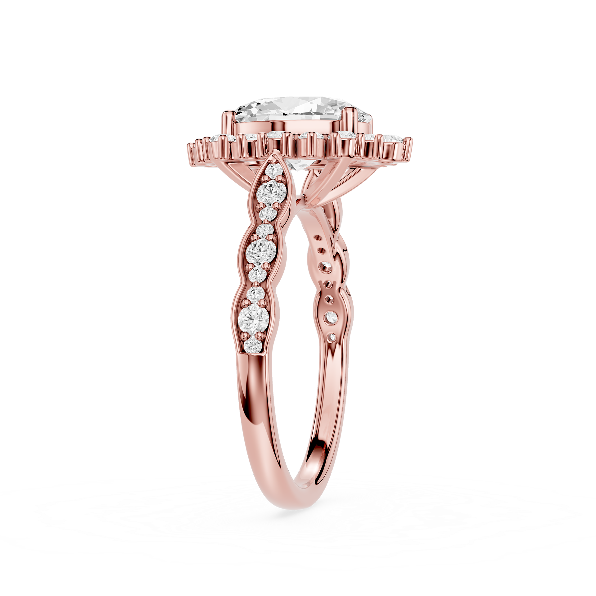 Rose gold ring with diamond accents on a white background