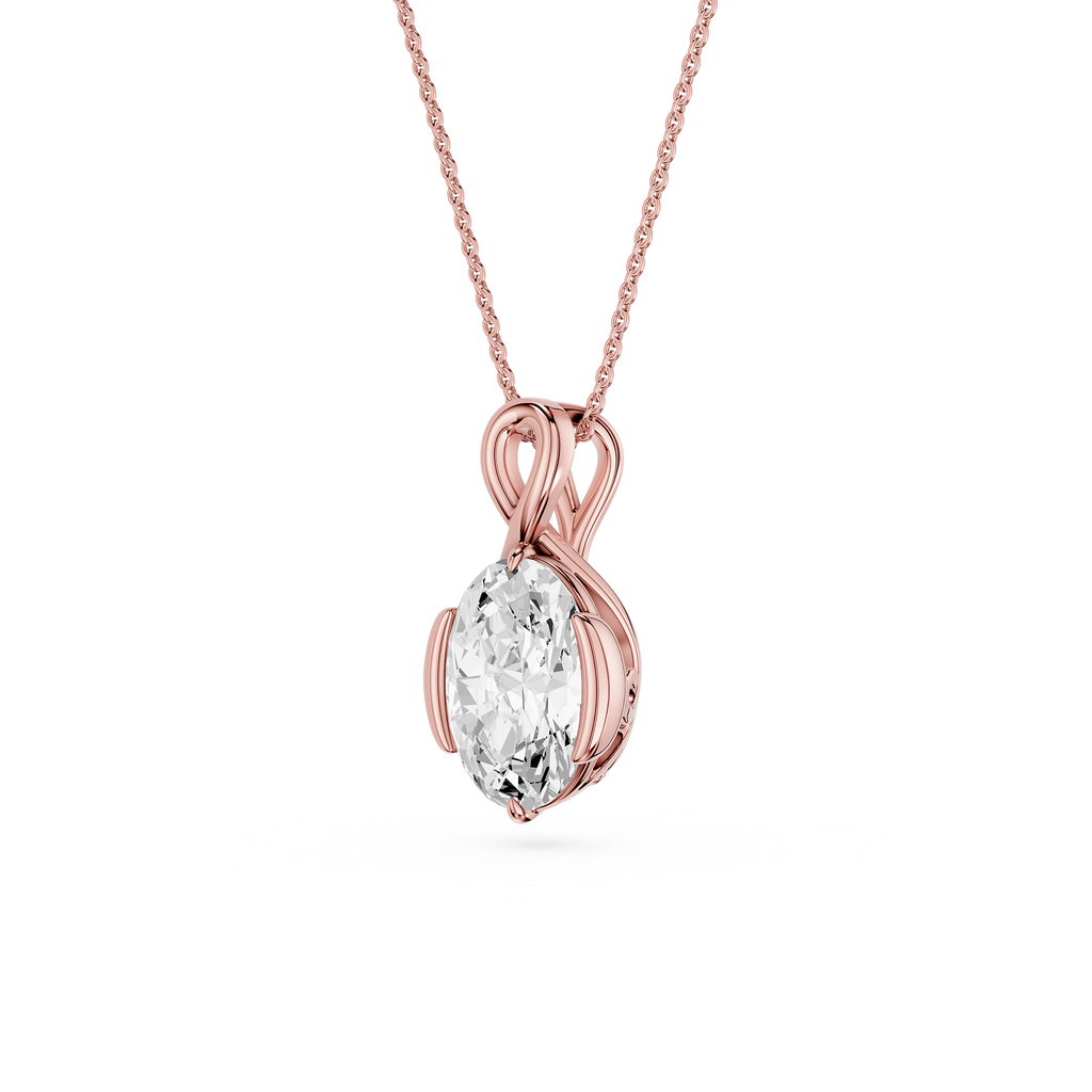 Rose gold necklace with a diamond pendant on a white background