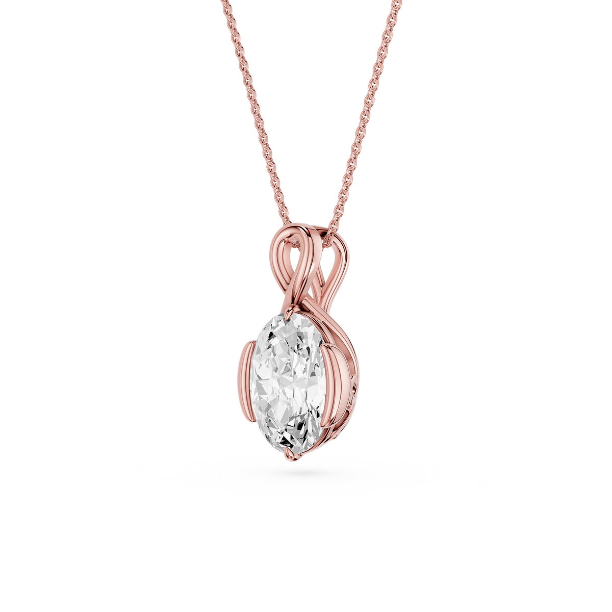 Rose gold necklace with a diamond pendant on a white background