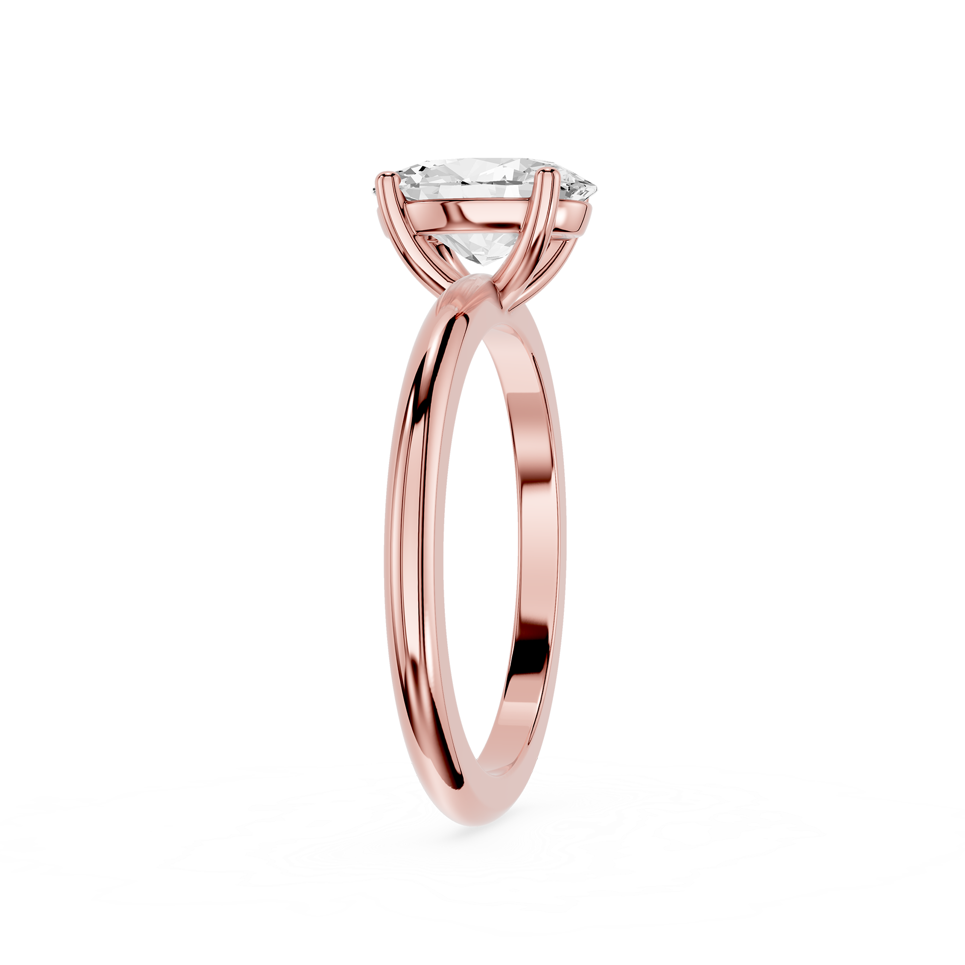 Rose gold ring with a diamond on a white background