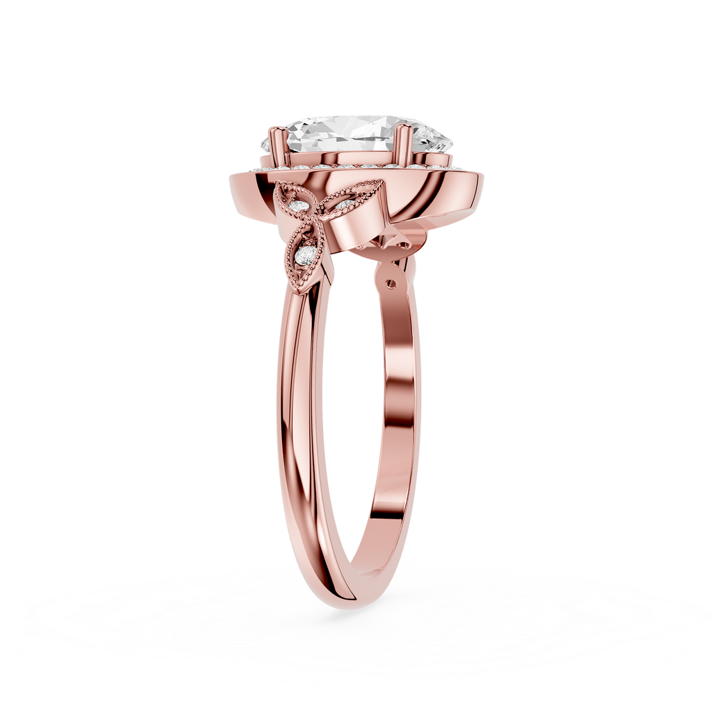 Rose gold ring with a diamond on a white background
