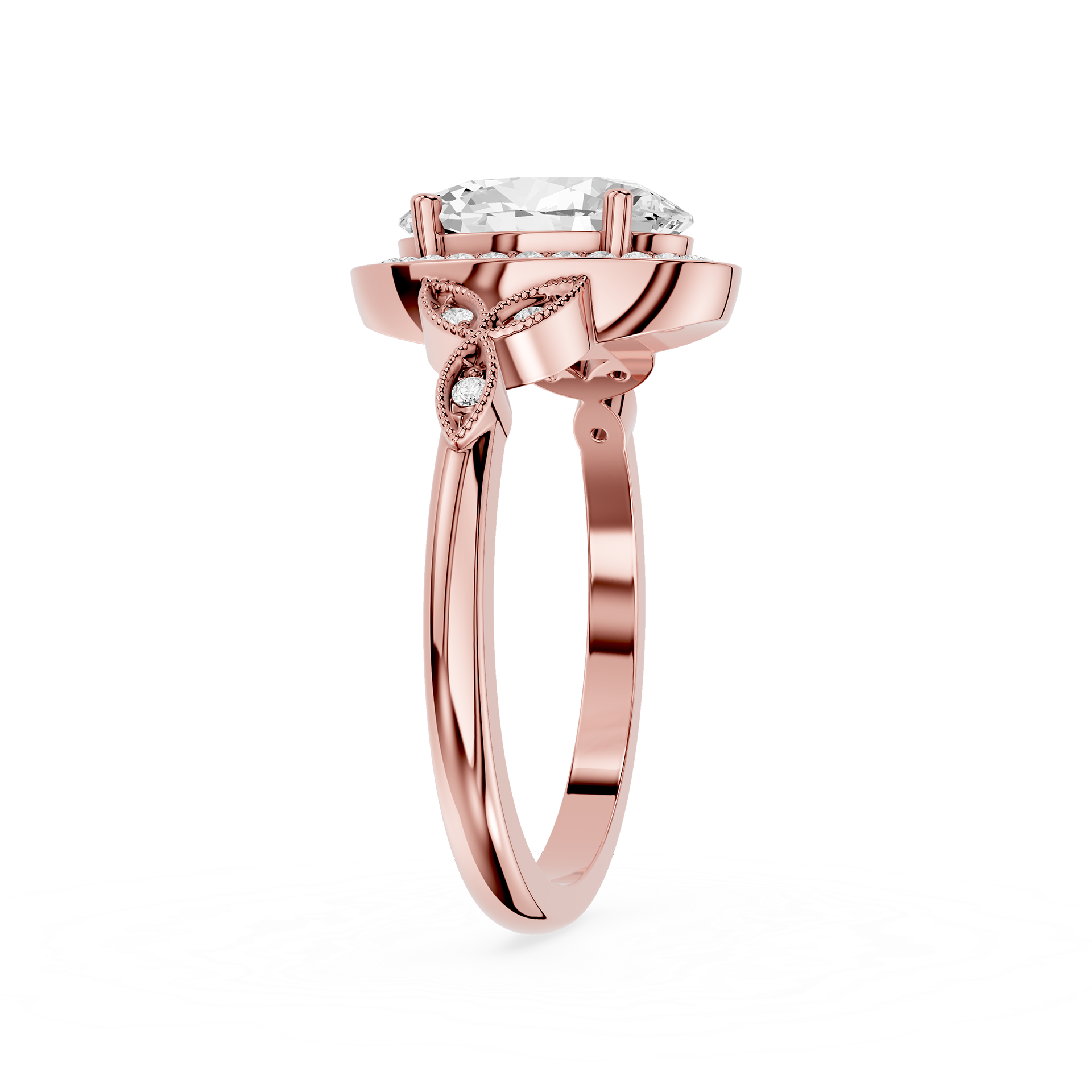Rose gold ring with a diamond on a white background