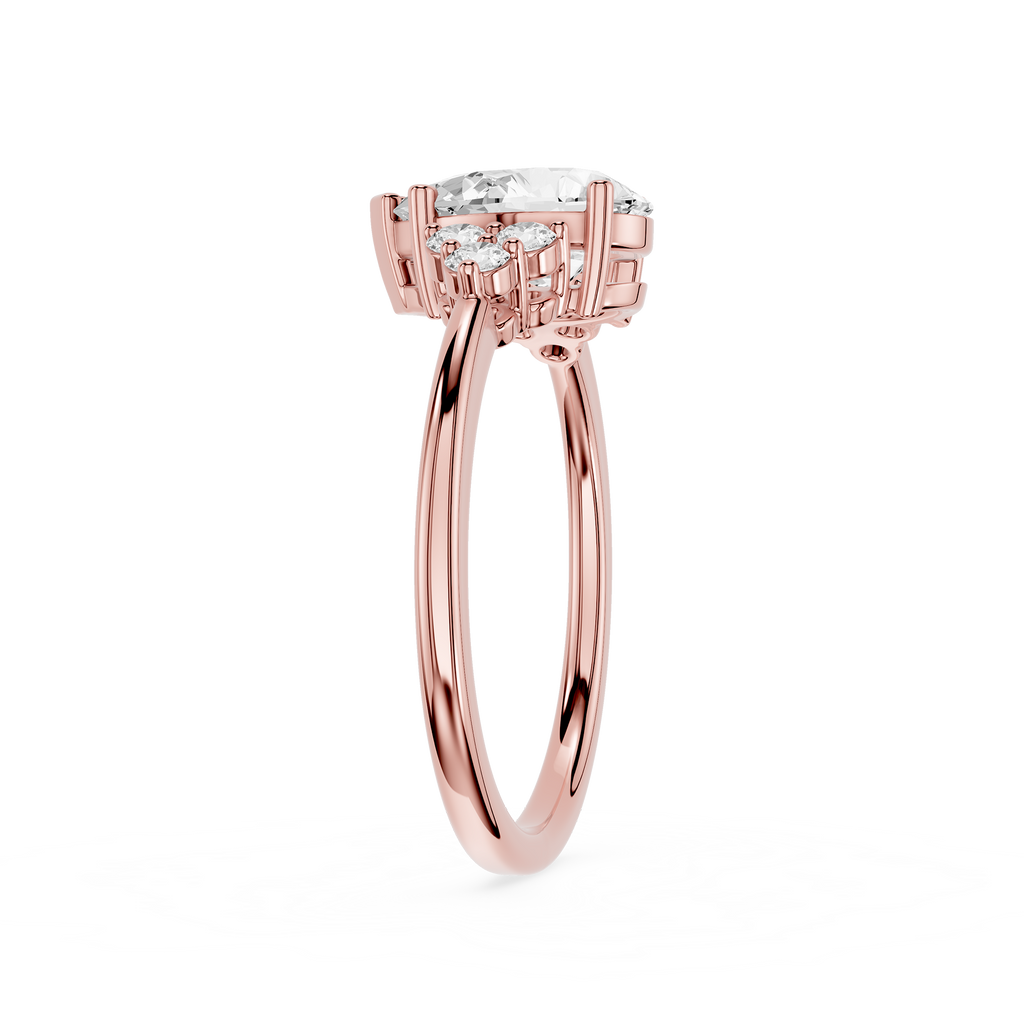 Rose gold ring with a diamond on a white background