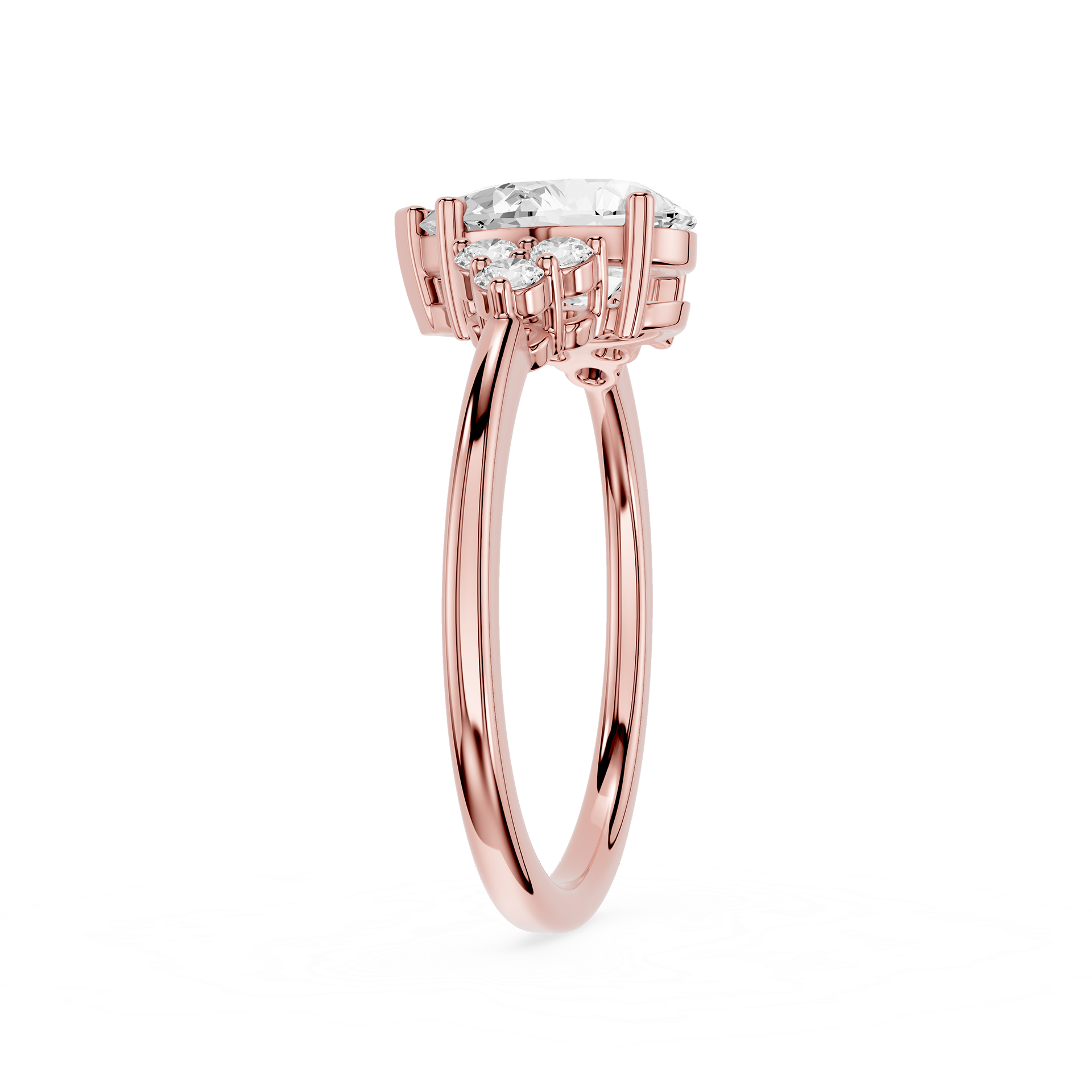 Rose gold ring with a diamond on a white background