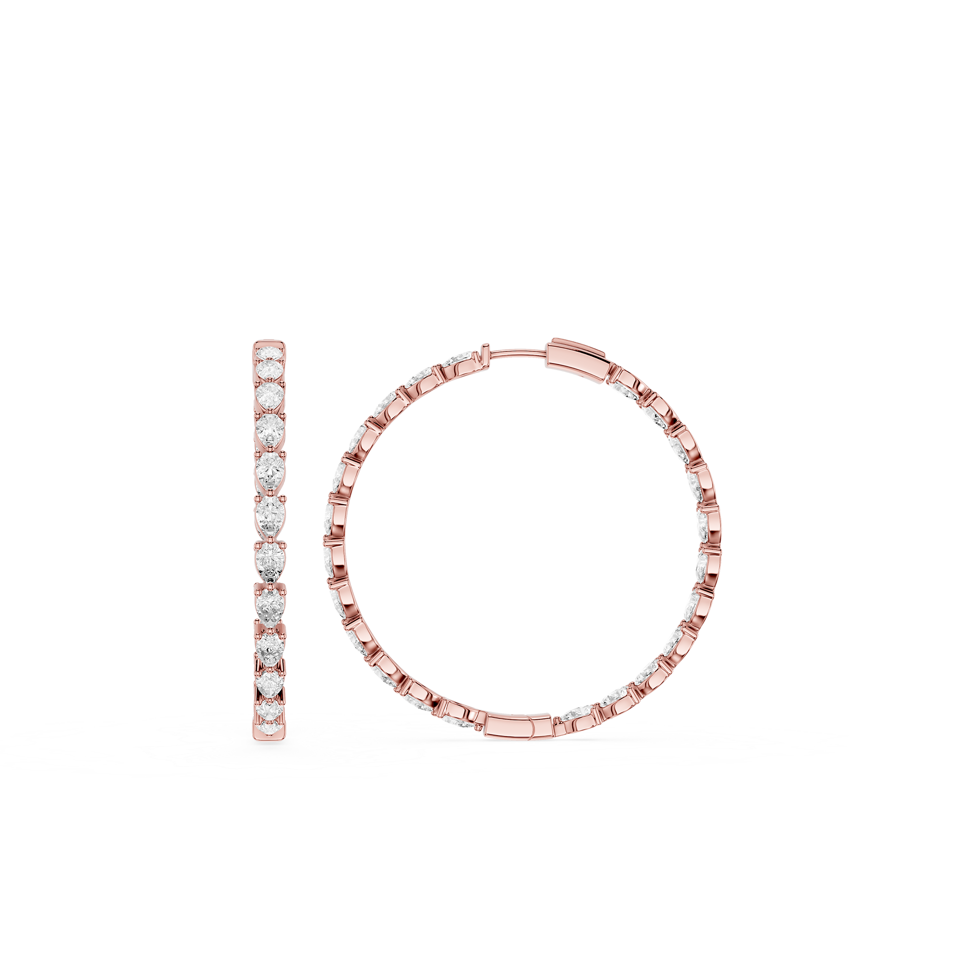 Rose gold hoop earrings with embedded diamonds on a white background