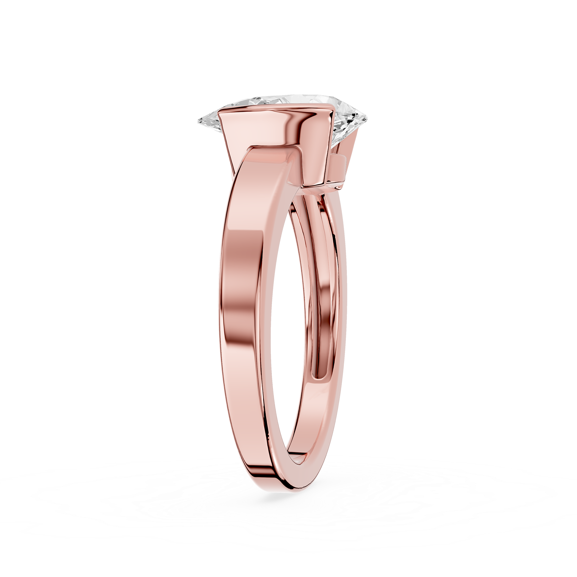 Rose gold ring with a diamond on a white background