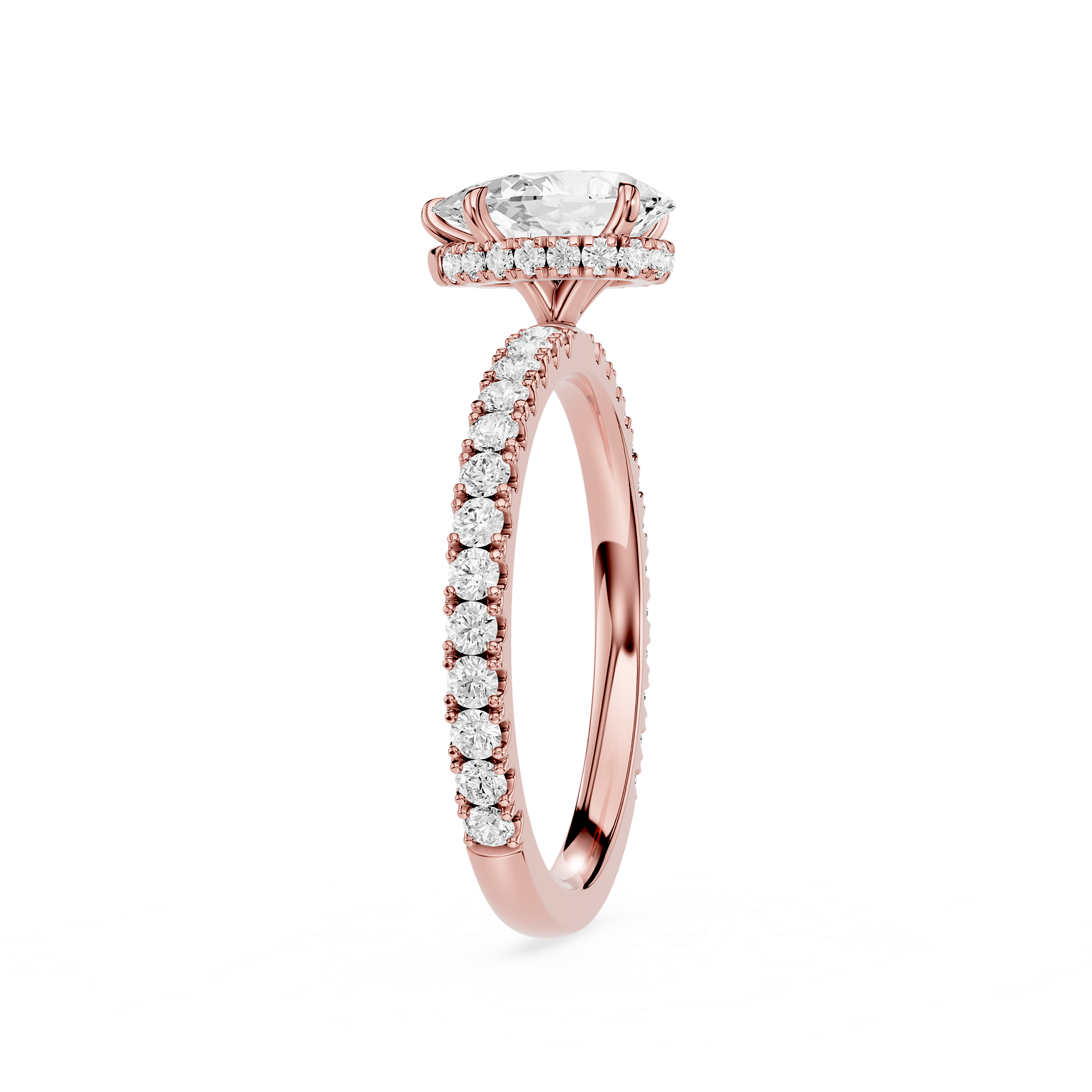 Rose gold diamond ring on a white background