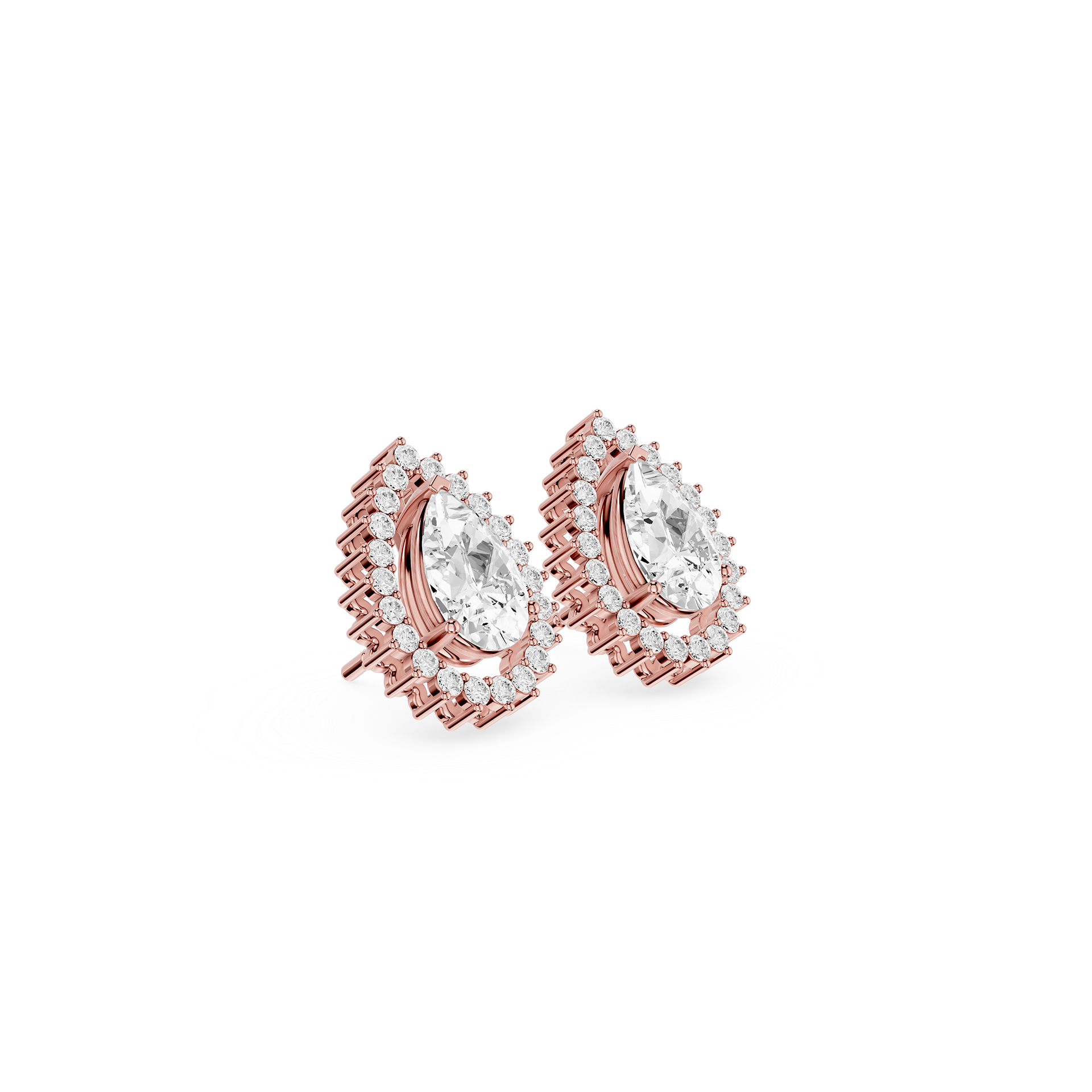 Rose gold earrings with clear gemstones on a white background