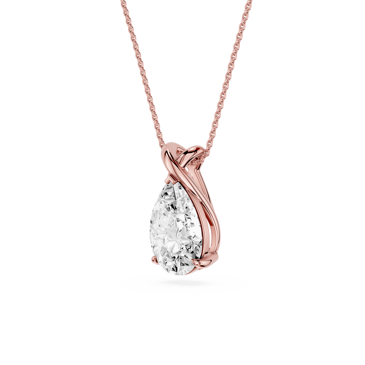 Rose gold necklace with a pear-shaped diamond pendant on a white background