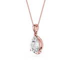 Rose gold necklace with a pear-shaped diamond pendant on a white background