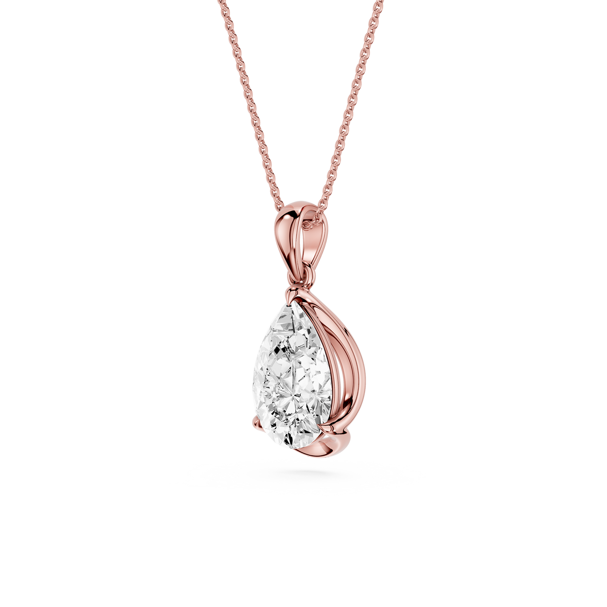 Rose gold necklace with a pear-shaped diamond pendant on a white background