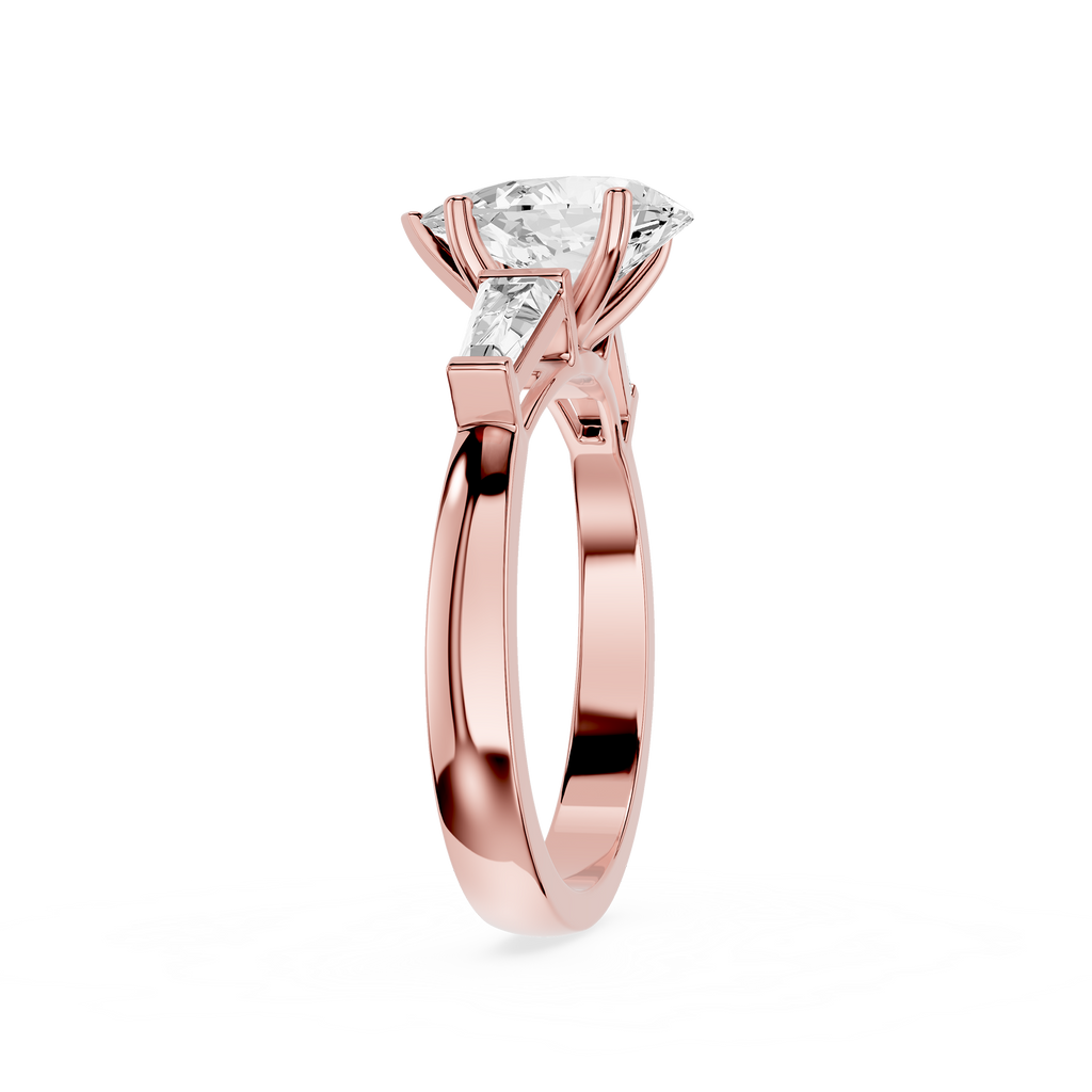 Rose gold ring with a diamond on a white background
