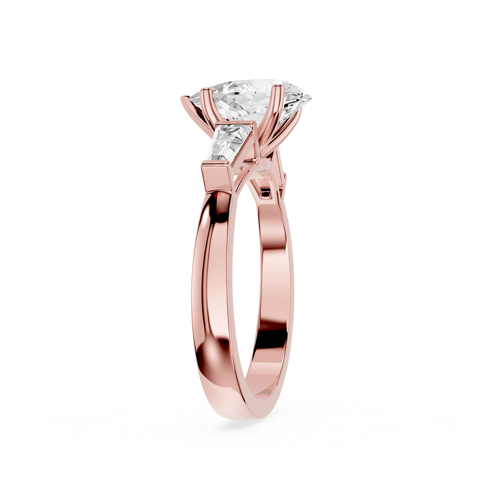 Rose gold ring with a diamond on a white background