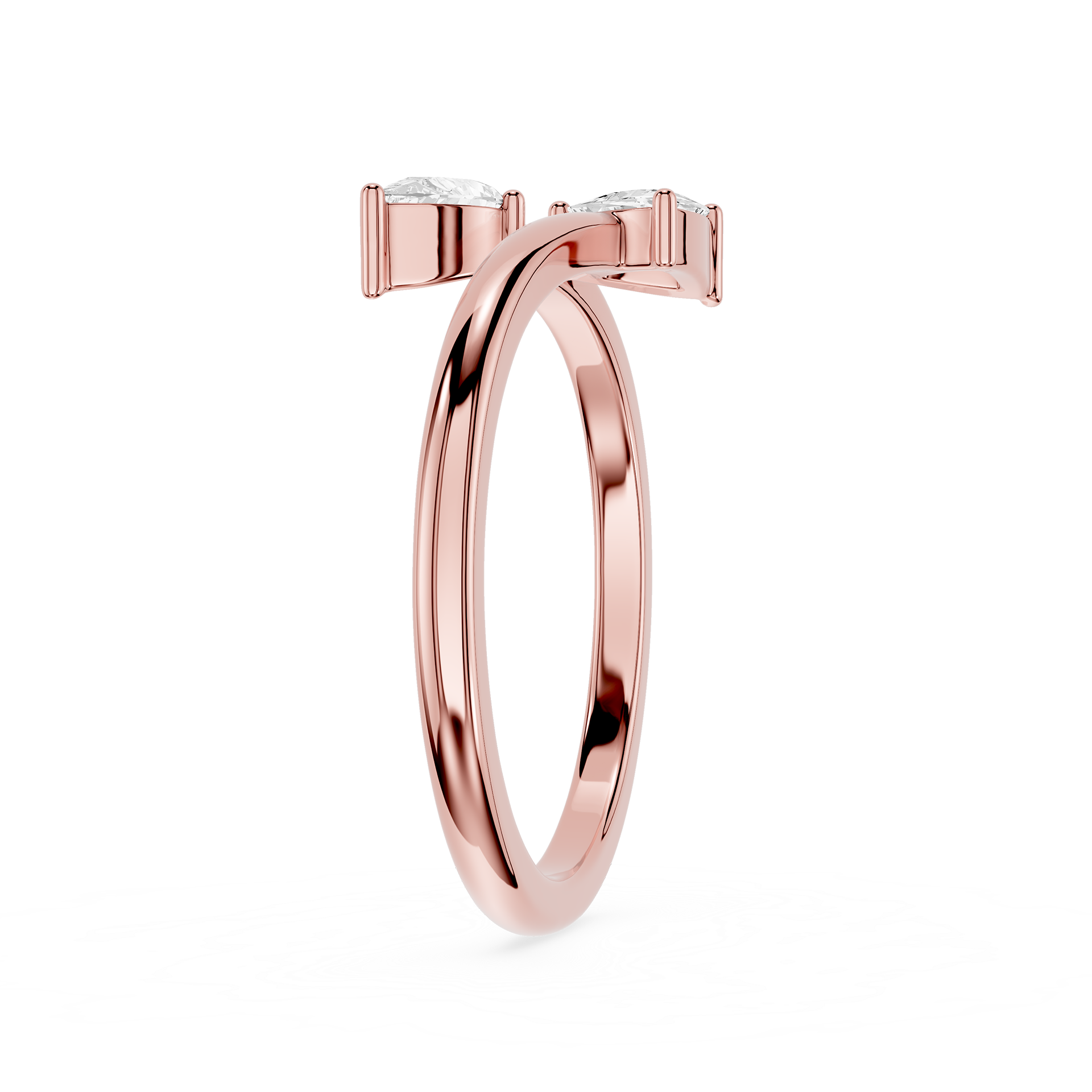 A rose gold ring with a double-band design and small clear gemstones on the top, shown on a plain white background.