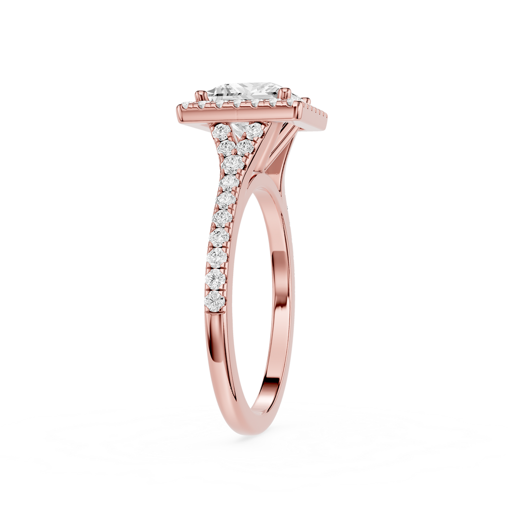 Rose gold ring with diamond accents on a white background