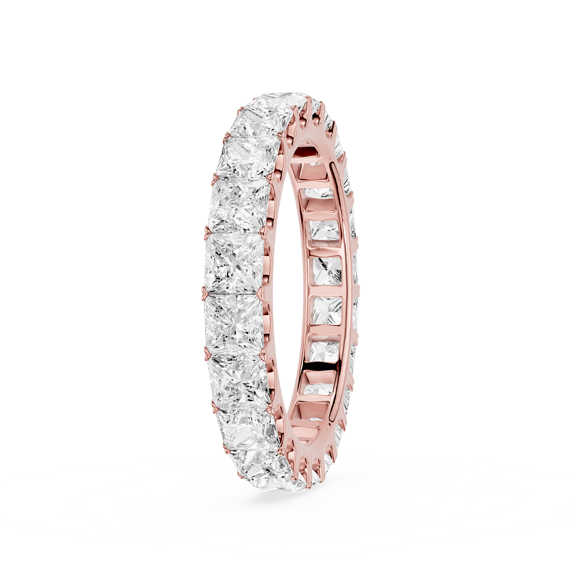 A Rose gold eternity ring paved with square-cut clear diamonds, shown on a clean white background.