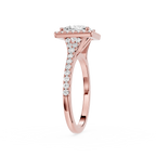 Rose gold ring with diamond accents on a white background