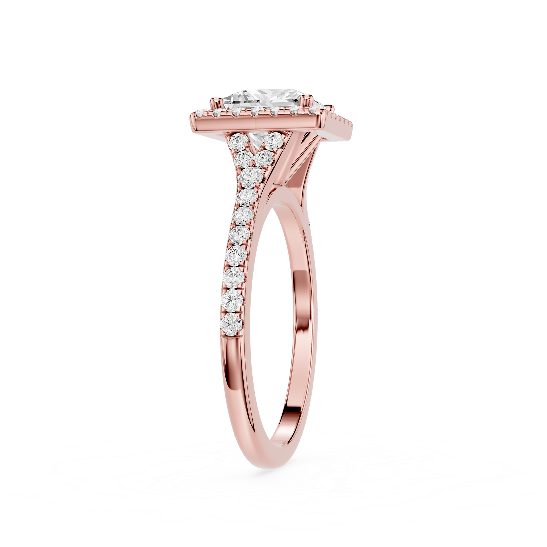 Rose gold ring with diamond accents on a white background
