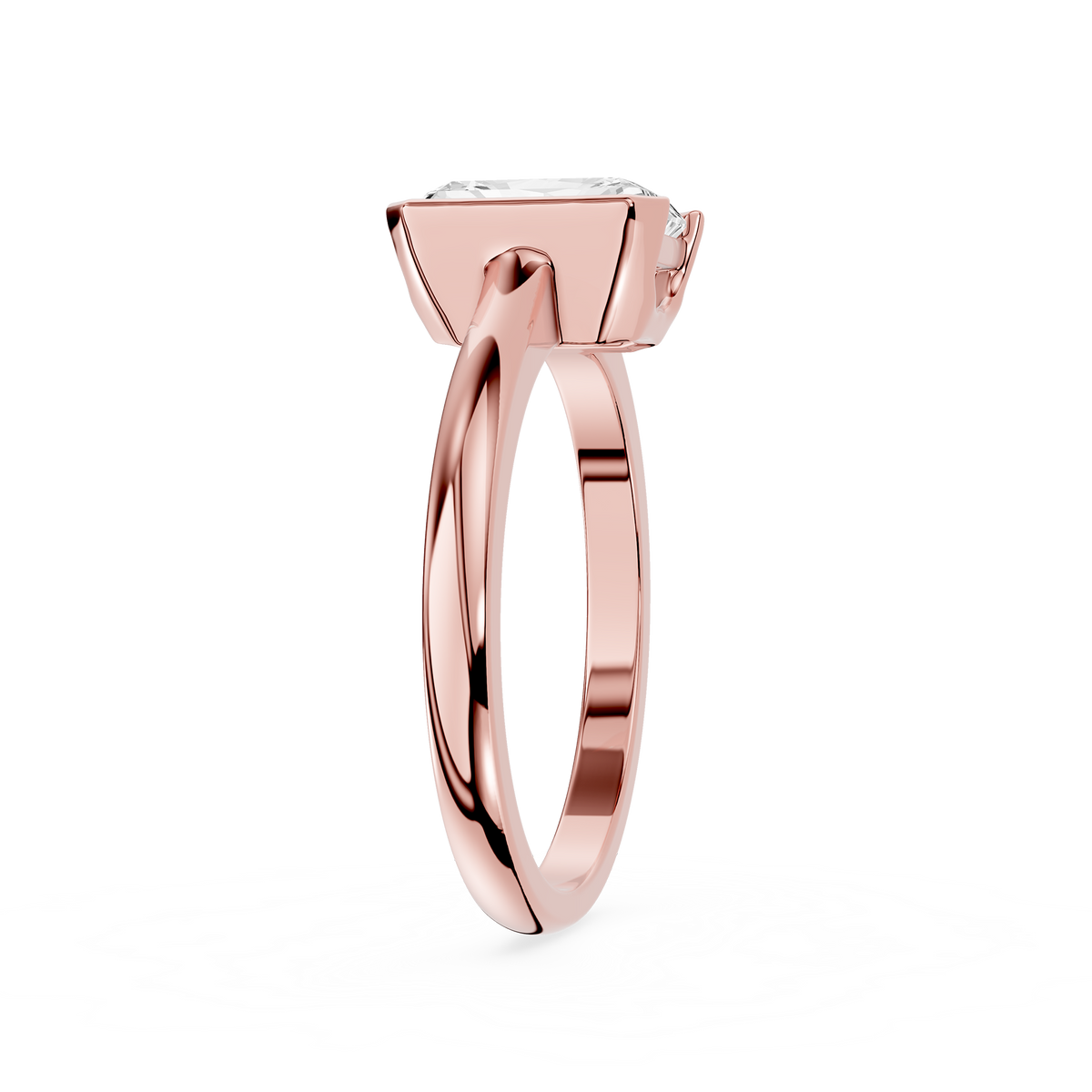 Side View Of Rose Gold Radiant Cut Lab Diamond Double Claw Prong Engagement Ring.
