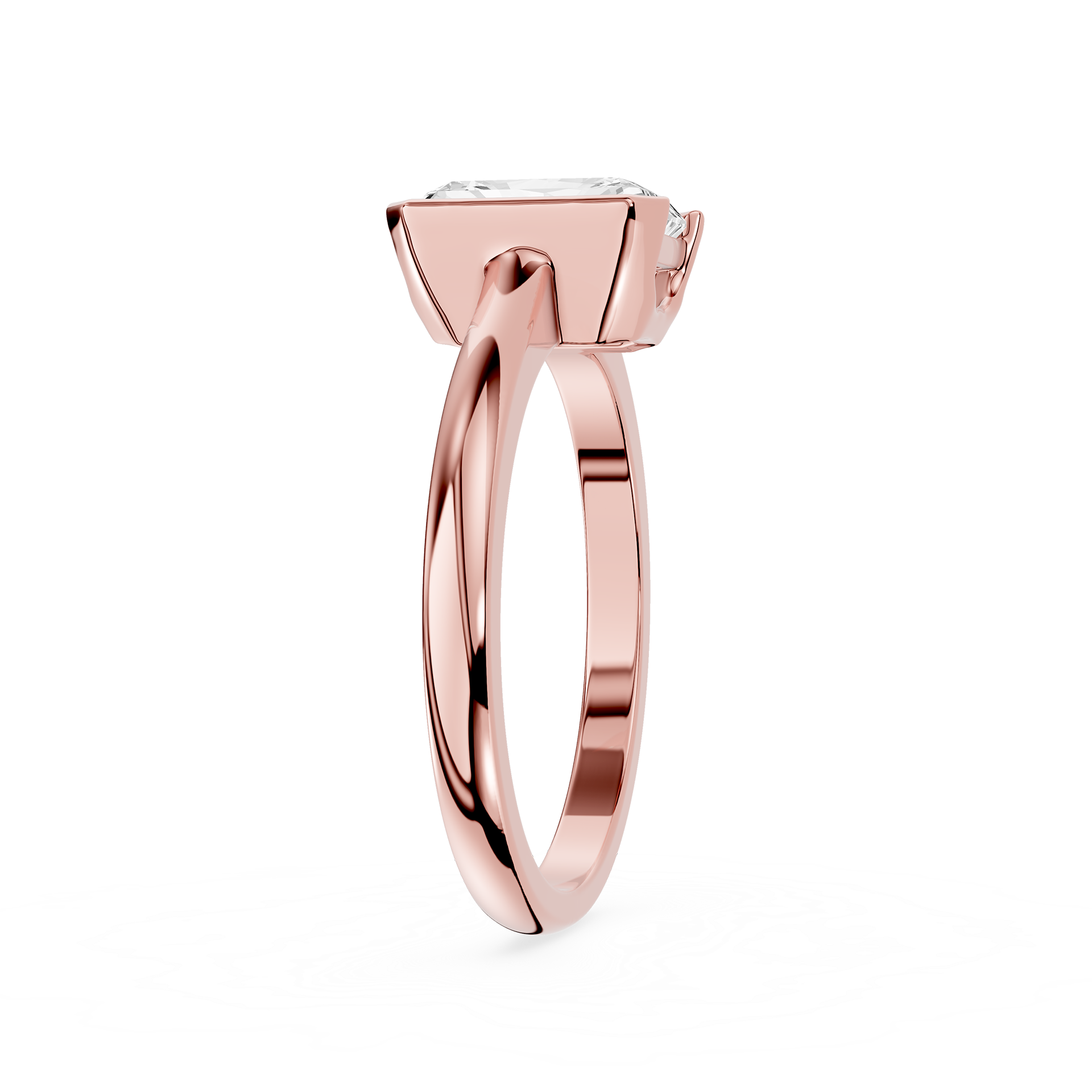Rose gold ring with a diamond on a white background
