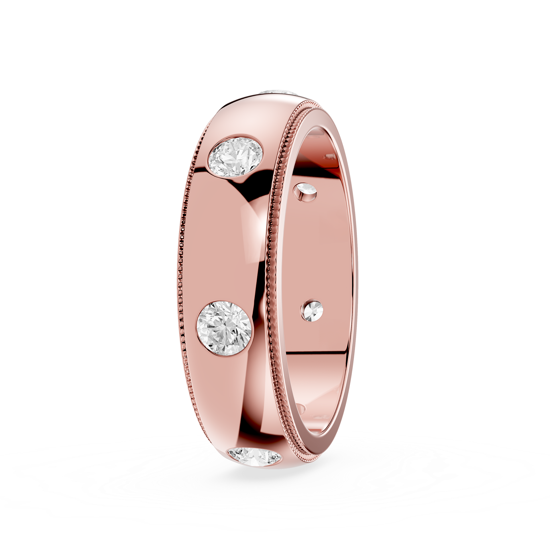Rose gold ring with embedded diamonds on a white background