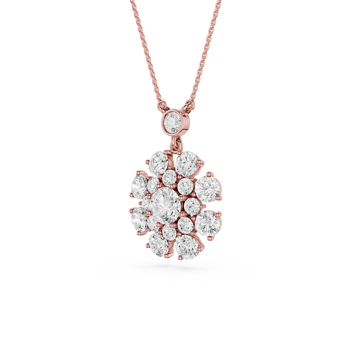 Rose gold necklace with a diamond pendant on a white background