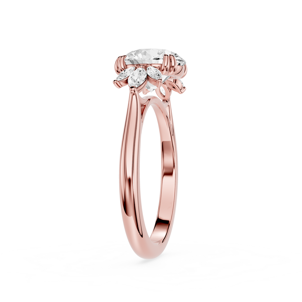 Round Cut Lab Grown Diamond Floral Ring in Rose Gold. Marquise Accent Diamond Ring, Engagement Jewelry, Anniversary Ring, Bridal Gift, Fine Diamond Jewelry.