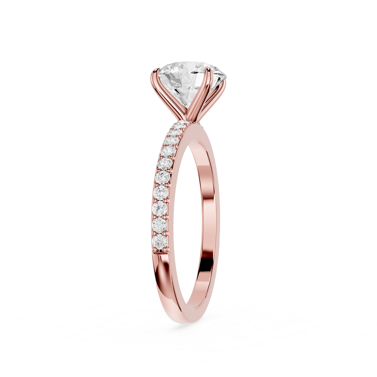 A rose gold Round Cut Lab Diamond Shared Prong Pave Engagement Ring