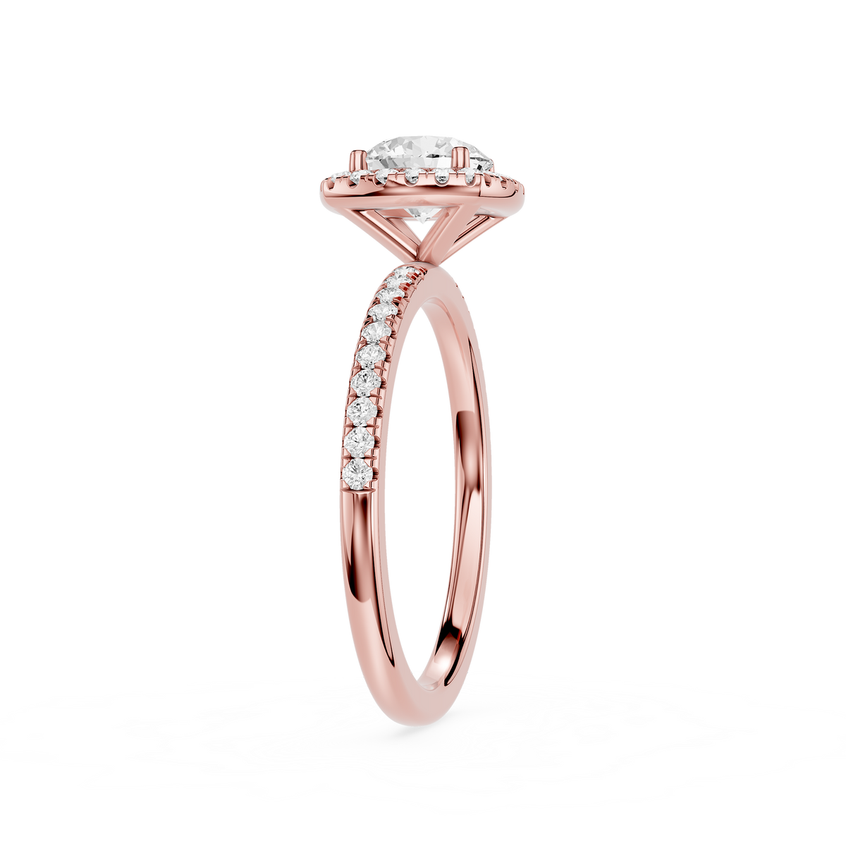 Side View Of Rose gold Round Cut Lab Grown Diamond Cathedral Halo Engagement Ring
