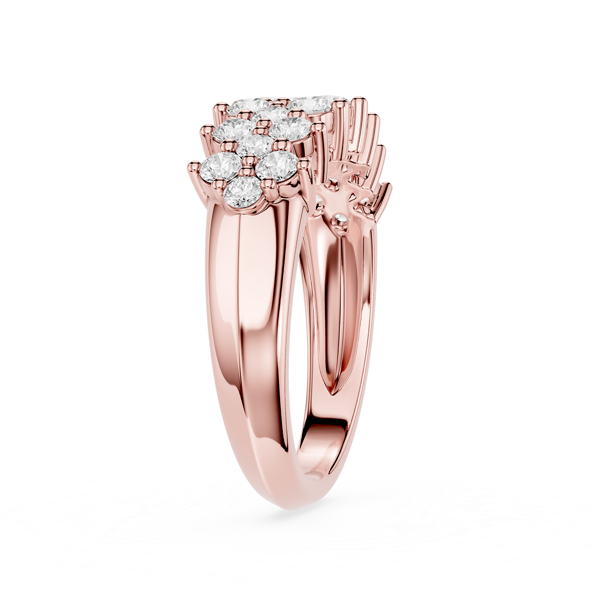 A rose gold engagement ring featuring a round cluster of clear diamonds, set in a polished split-shank band, shown against a solid white background.