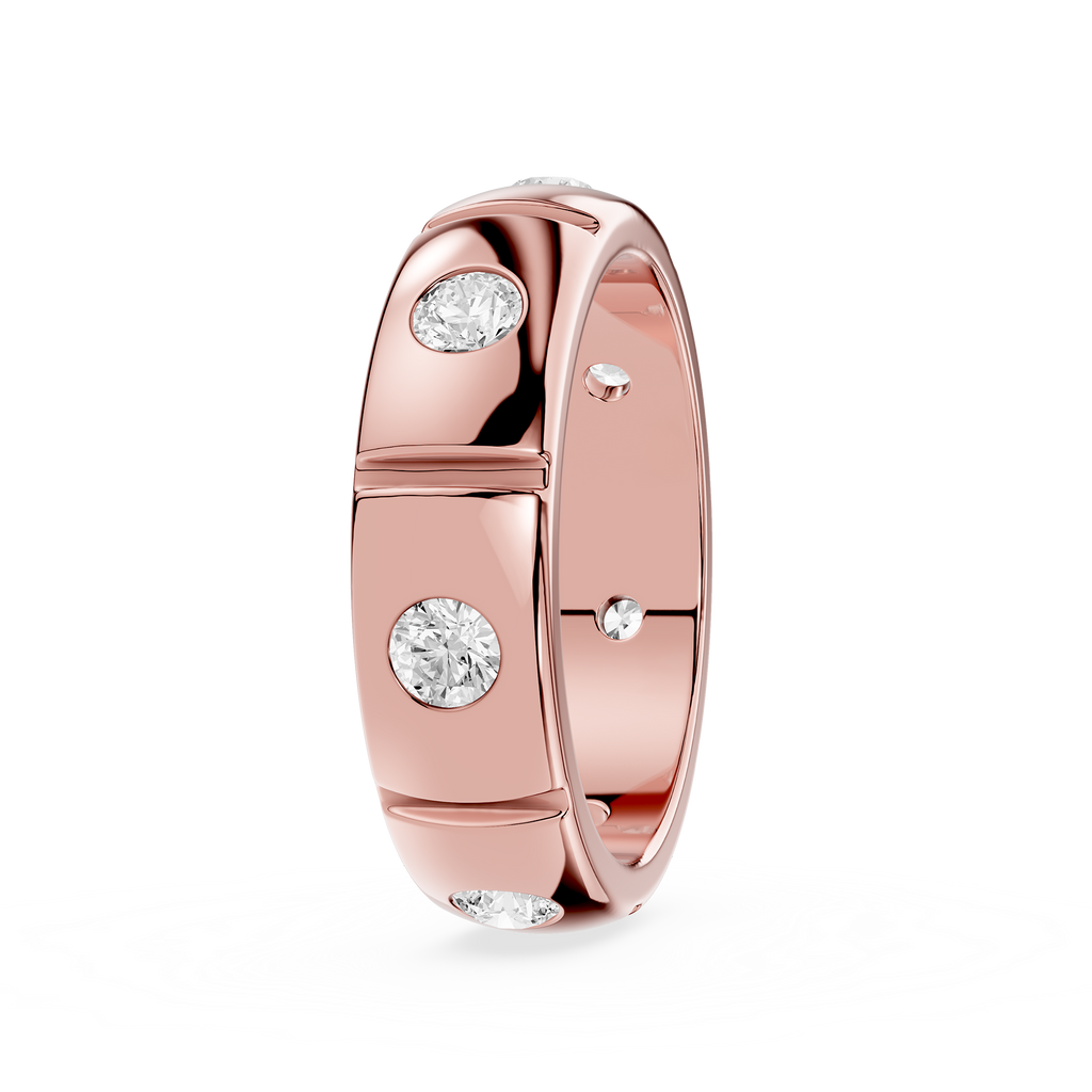 Rose gold ring with embedded diamonds on a white background